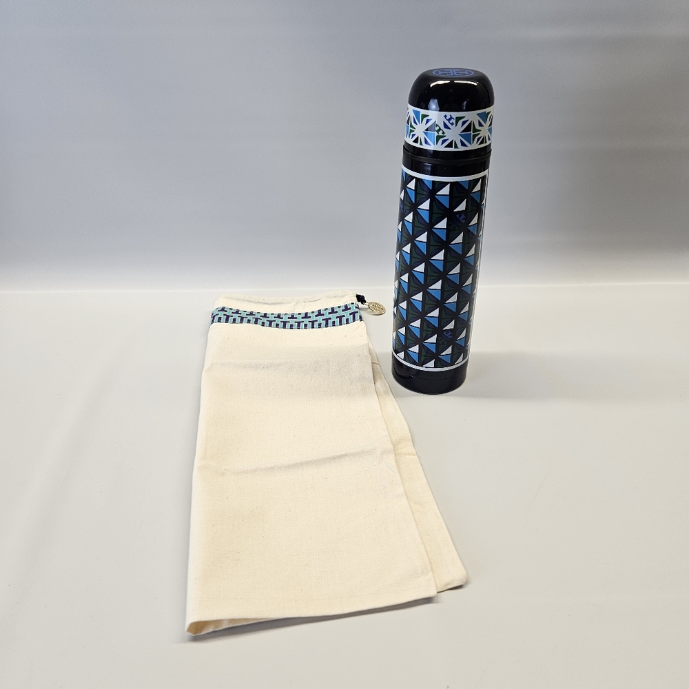 Tory Burch Thermos and Dust Bag Blue Geometric Pattern Used